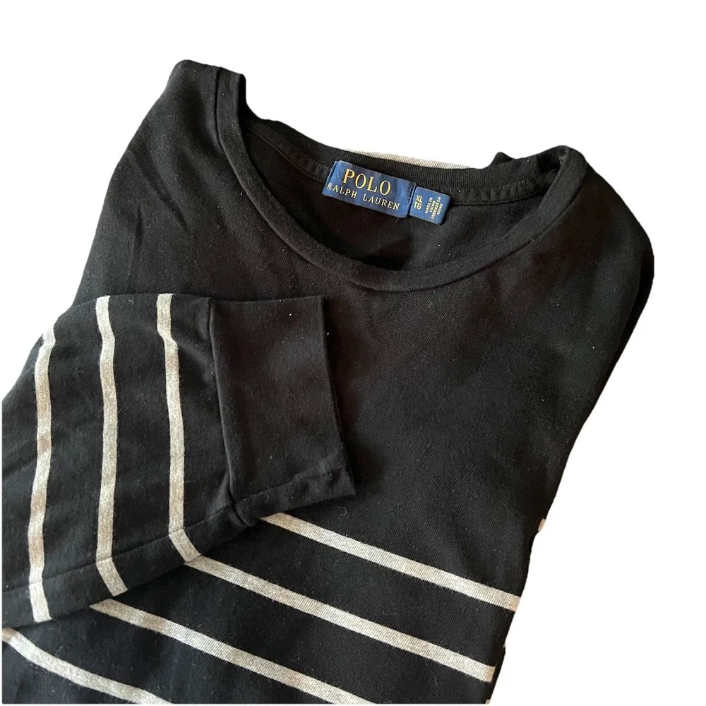 Polo Ralph Lauren XL/TG Black w/ Grey‎ Stripe Long Sleeve Cotton Light Sweater
